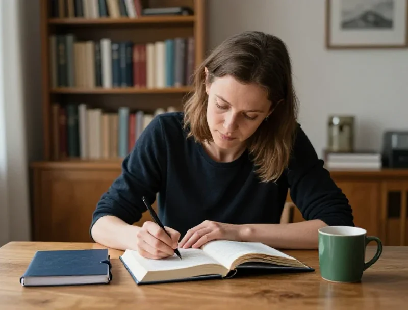 Une femme française prend des notes, illustrant l'analyse approfondie des sujets du quotidien.