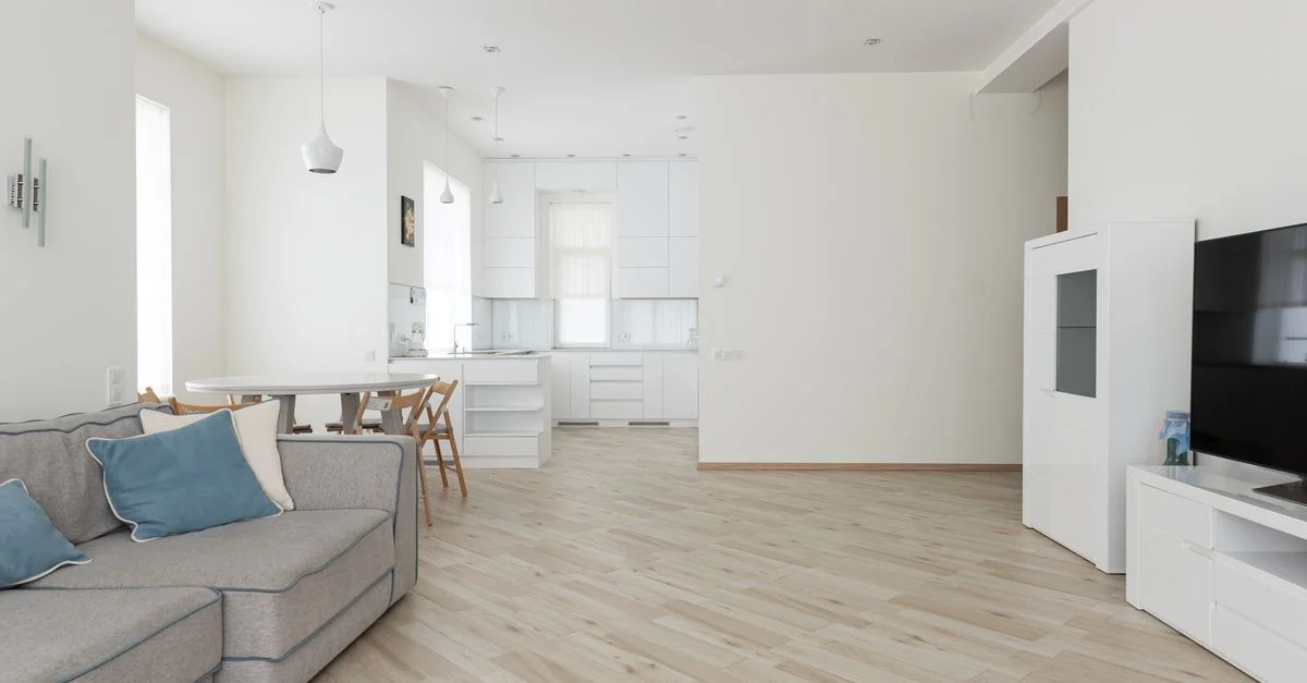 Salon moderne lumineux et spacieux intégrant parfaitement une cuisine minimaliste.